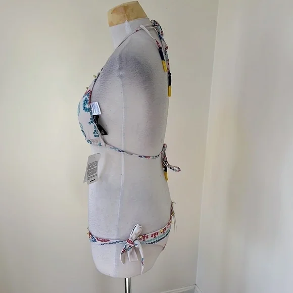 NWT! HEMANT & NANDITA printed size L off white Ananda two piece halter swim suit